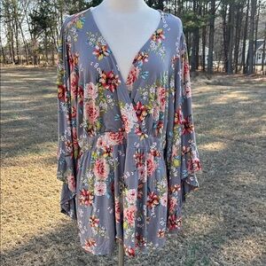 NWT Torrid Floral Kimono Blouse - Gray and Orange tones